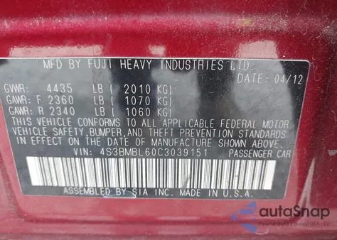 2012 Subaru Legacy 2.5I Limited z USA, uszkodzony, nr VIN 4S3BMBL60C3039151